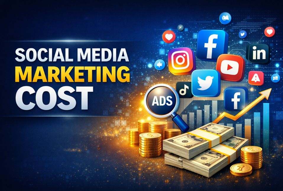 Creative graphic showing social media marketing cost with Facebook, Instagram, YouTube icons, ad growth chart, and money stacks representing digital advertising expenses