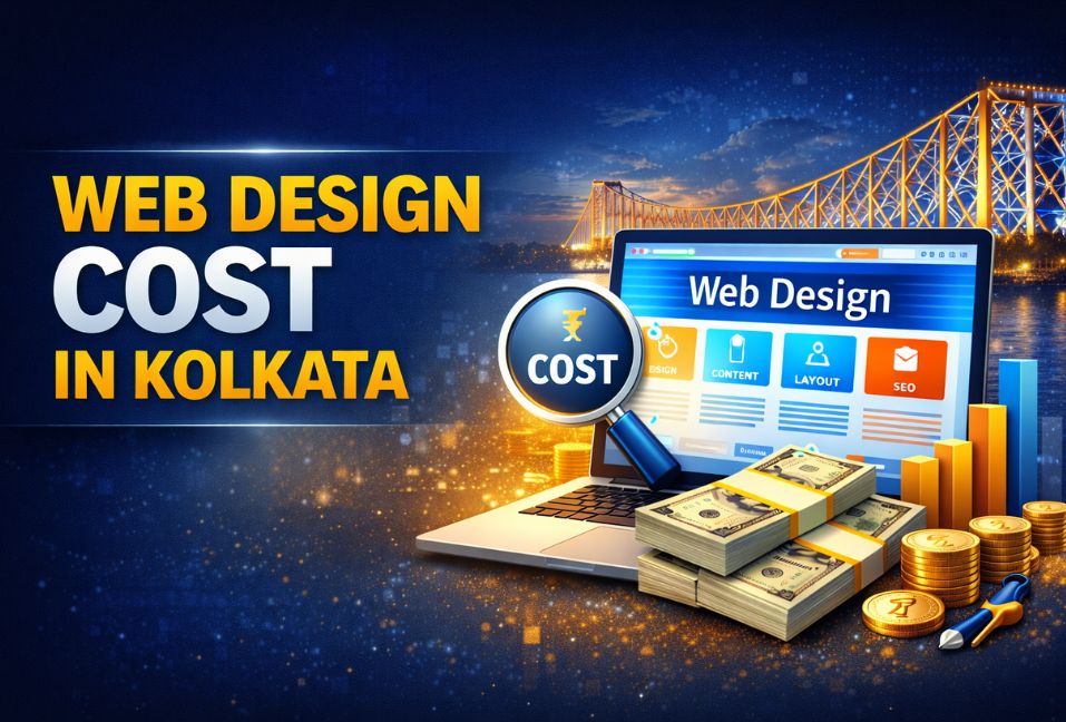 Illustration showing web design cost in Kolkata with laptop, website layout, money stacks, and Howrah Bridge background representing pricing and website development services